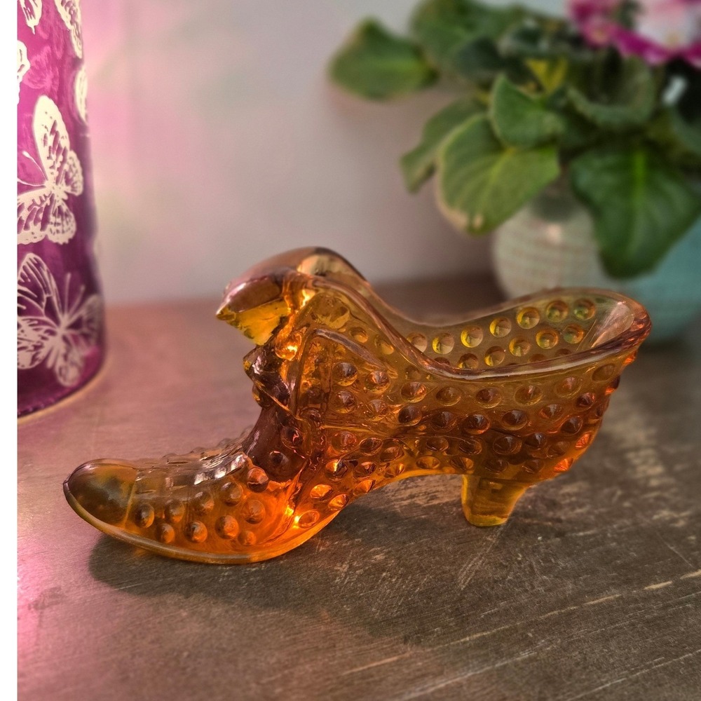 Vintage Fenton Amber Hobnail Glass Shoe Figurine Victorian Boot Slipper Cat head